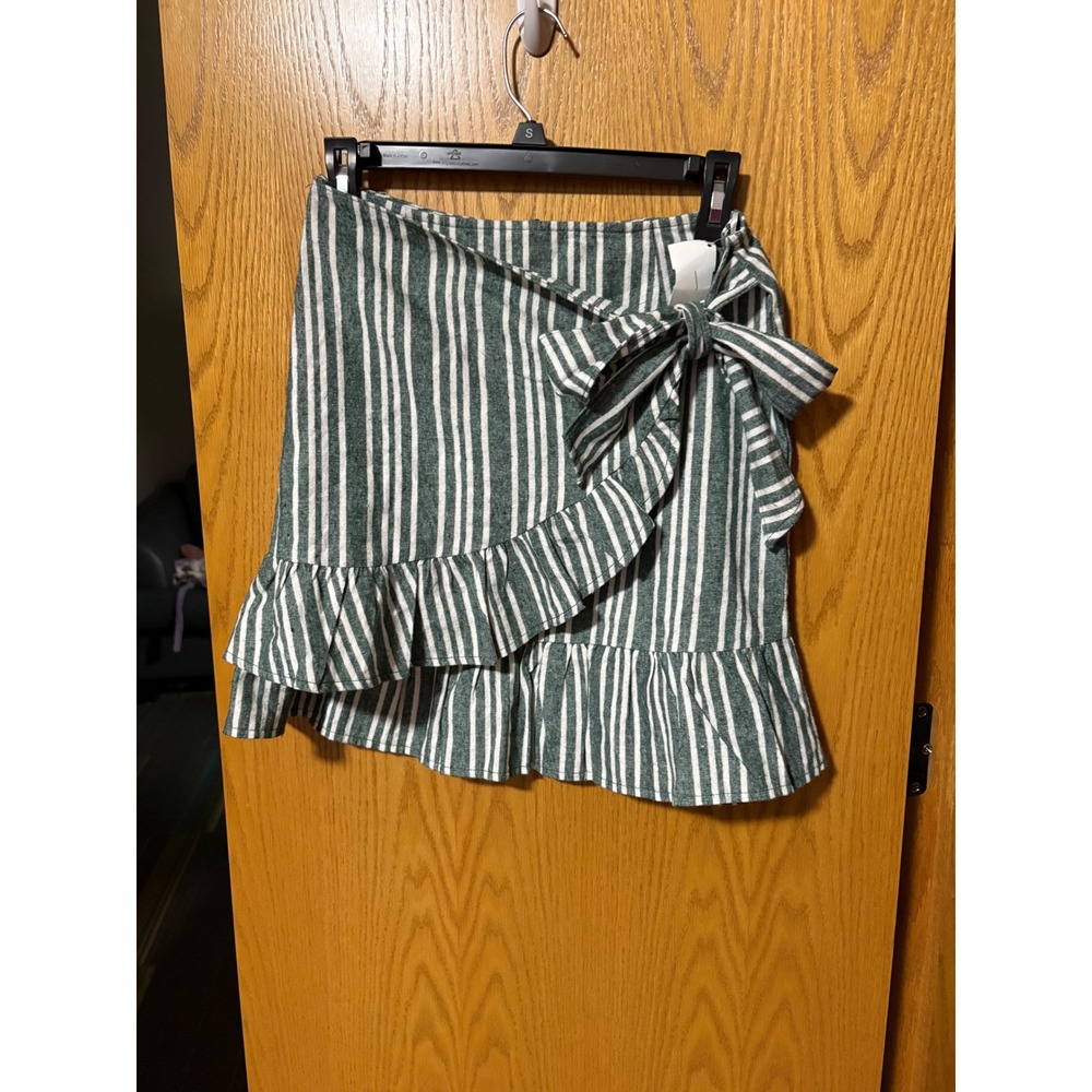Polly Green White Striped Ruffle Mini Skirt with Side Bow Size US 8